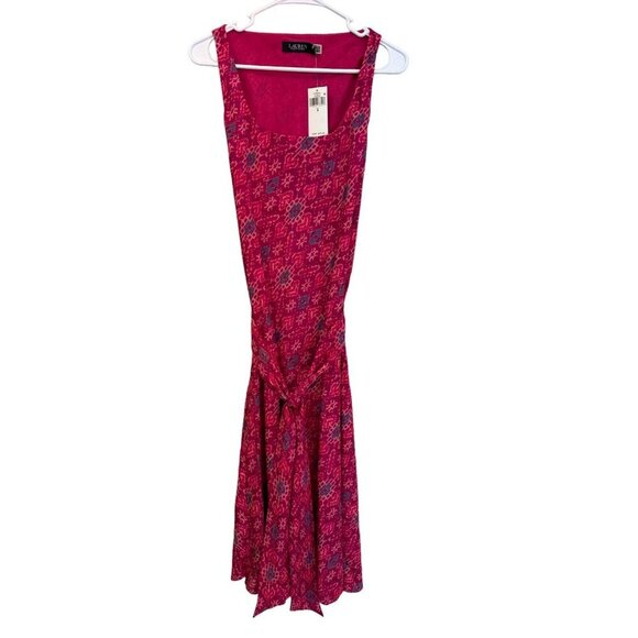 LAUREN Ralph Lauren Womens 8 Geometric Print Belted Crepe Midi Dress Fuchsia NWT - Picture 1 of 15